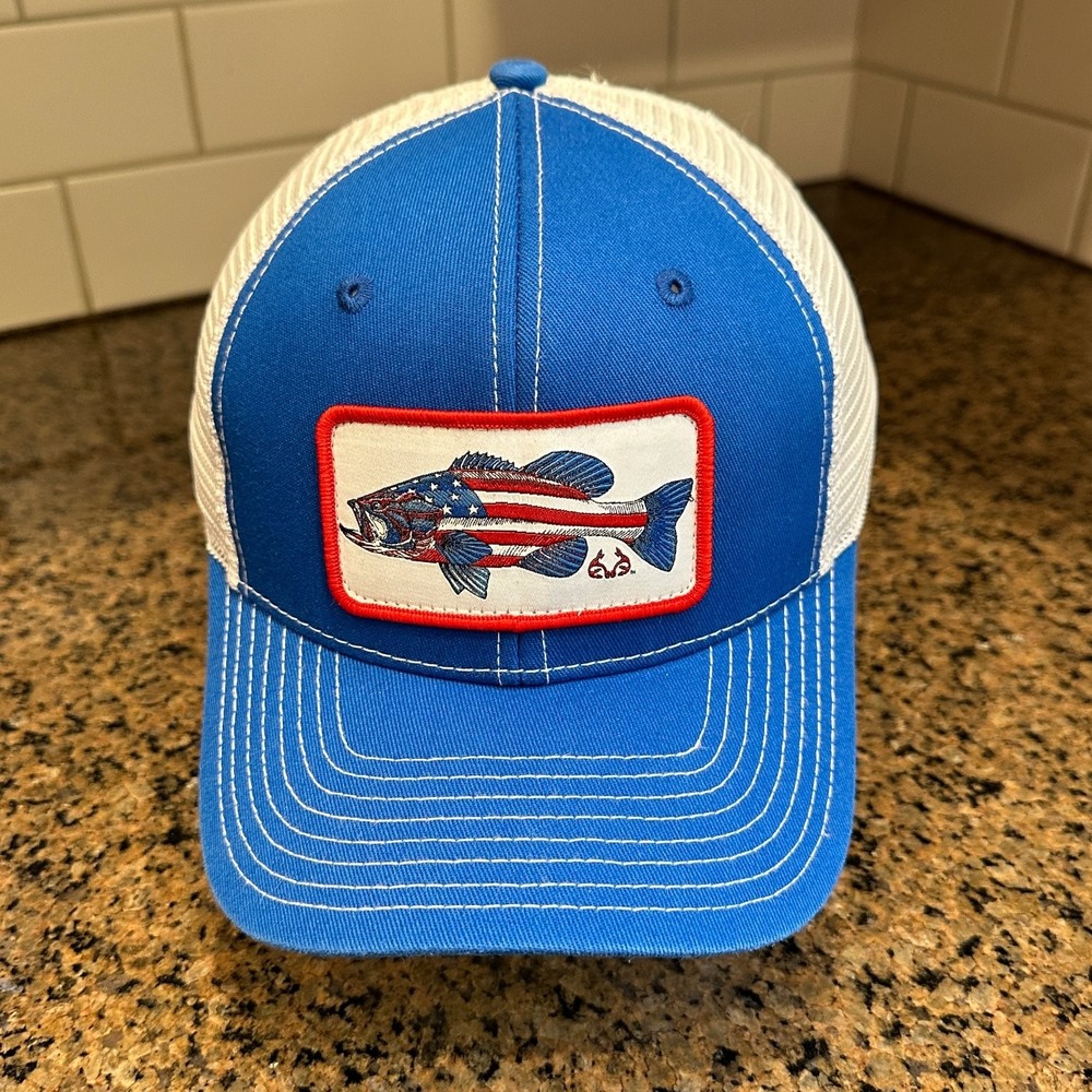 Realtree Fishing Bass Flag Trucker Hat Men's Adjustable Blue White Snapback